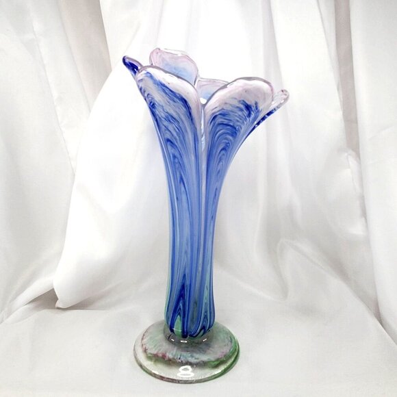 Handblown Art Glass Vase Pink & Blue Swirl Design Pulled Swung Glass 9.5"Tall - Picture 15 of 16